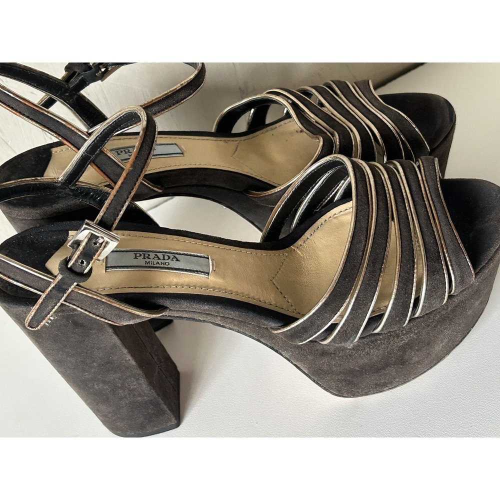 Prada Milano Donna Strappy Black/Gold Suede &Leather Platform Sandal Shoes 37 - Picture 7 of 14
